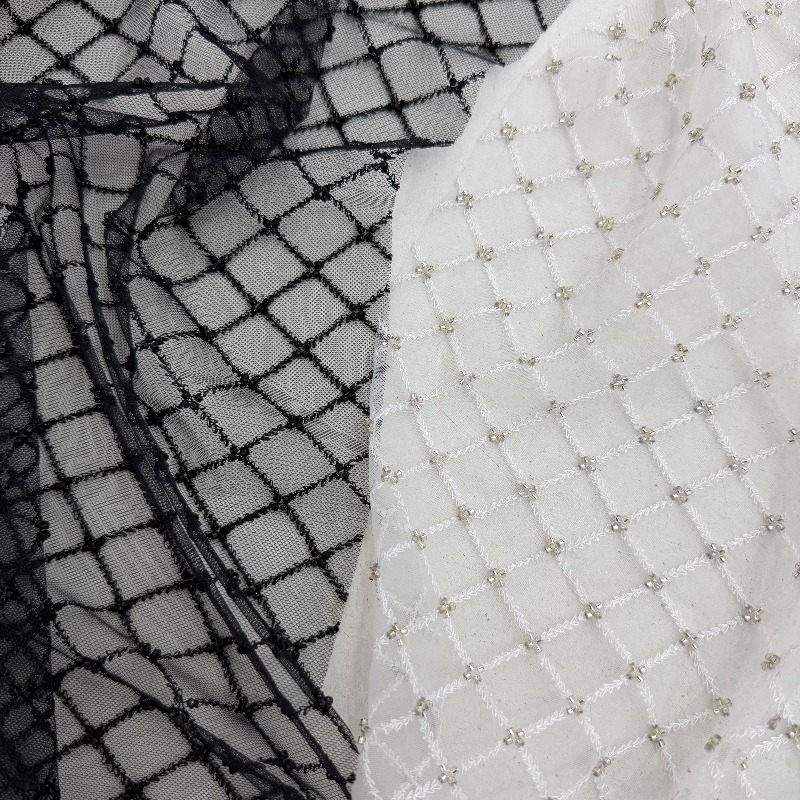 Crystal Mesh Fabric - 립스탑 비즈 자수 스팽글 메쉬 원단