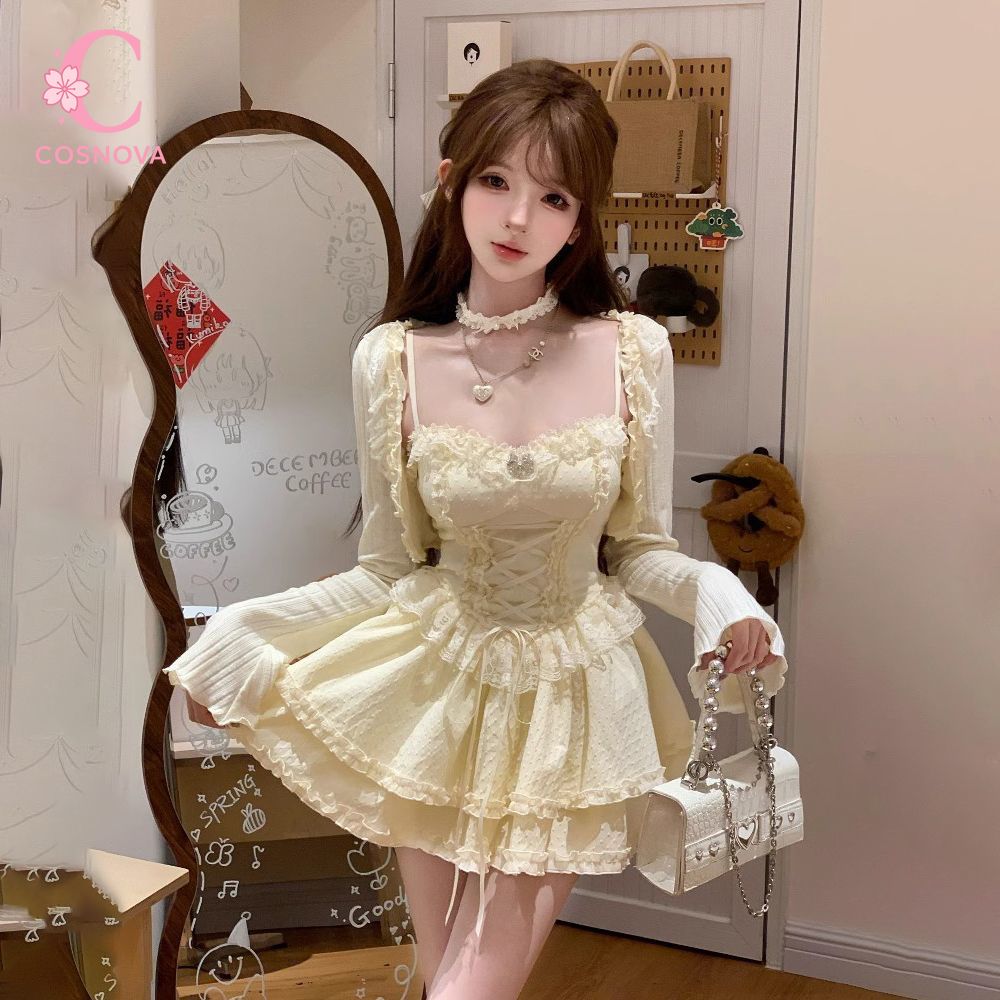 Elastic Lace Trim - 스위트 로리타 캐미솔 드레스 세트 여성용