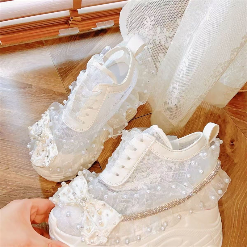두꺼운 바닥 레이스 리본 라인 석 진주 운동화 손 맞춤 - Crystal Mesh Fabric 리뷰 및 가격