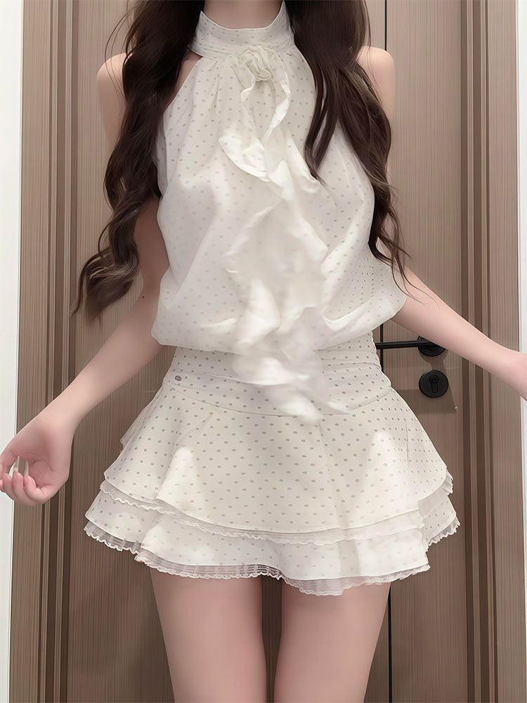 프랑스풍 스위트 폴카 도트 2피스 세트 여성용 홀터넥  - Elastic Lace Trim 리뷰 및 가격