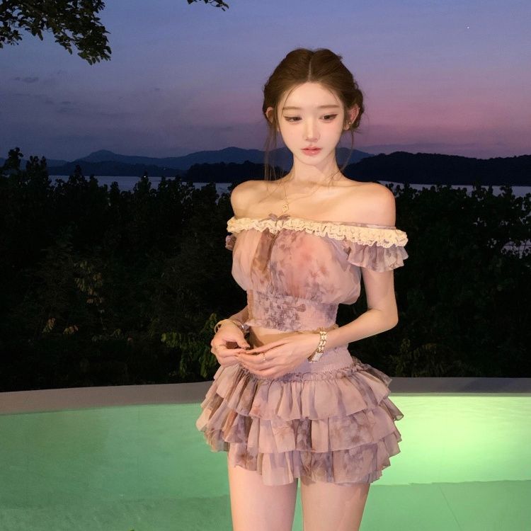 프랑스풍 스윗 코케트 오프숄더 레이스 트림 플로럴 프린 - Elastic Lace Trim 리뷰 및 가격