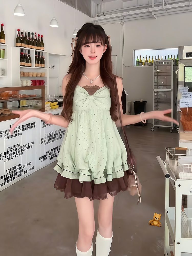 코케트 스위트 코리안 폴카 도트 캐미솔 드레스 여성용  - Elastic Lace Trim 리뷰 및 가격