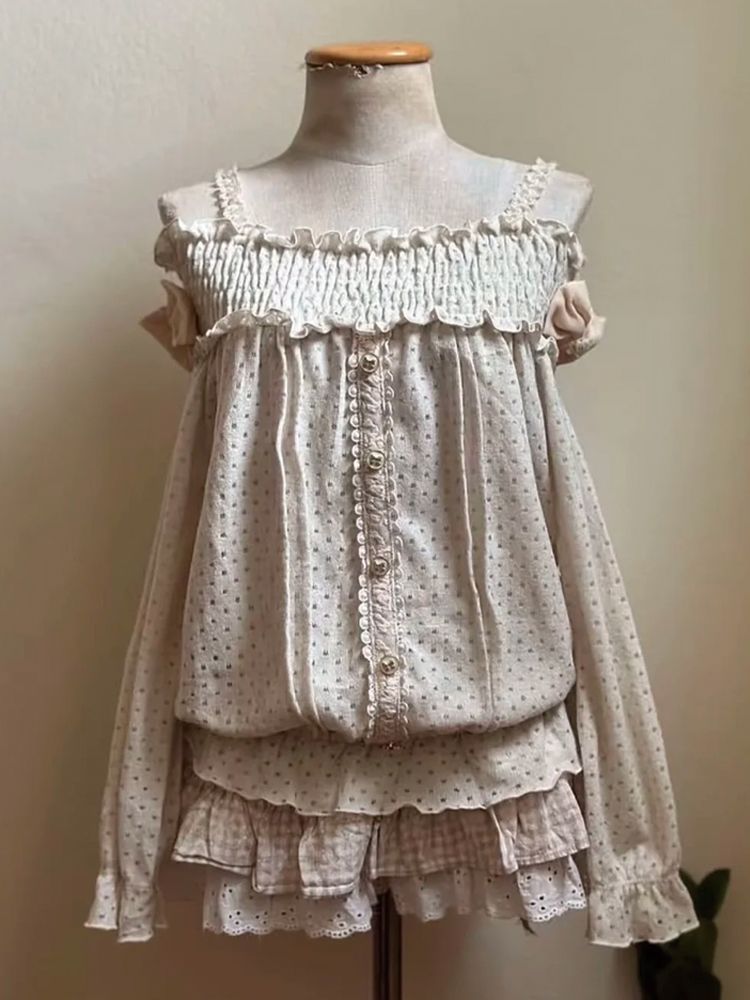 달콤한 일본 빈티지 스타일 여성용 콜드 숄더 폴카 도트 - Elastic Lace Trim 리뷰 및 가격